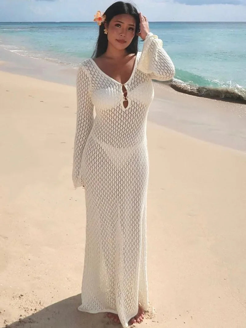 Trendix Knitted Crochet Cover Up Dress Women White Hollow Long Sleeve Maxi Dresses Vacation V Neck Backless Beach Dress Femme