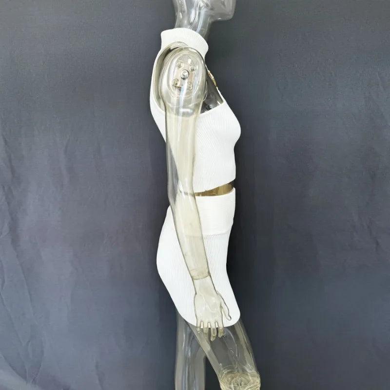 Trendix Knit Top 2 Piece Women Summer Off Shoulder O Neck Slim Crop Tops High Waist Rib Knitwear Tank And Sheath Skirt Sets 2025