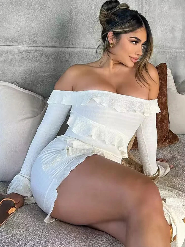 Trendix Ruffle Off Shoulder Dress Women Sexy Backless Long Sleeve High Waist Mini Dress Party Fashion Elegant Vacation Dresses