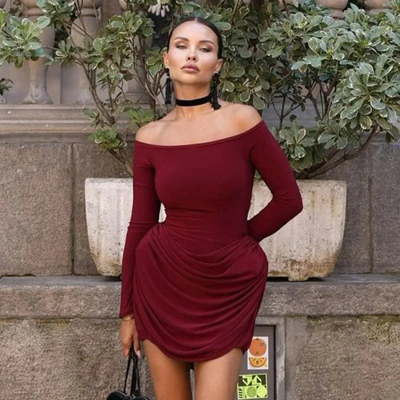 Trendix Pleated Bodycon Mini Dress Women's Sexy Off Shoulder High Waist Long Sleeve Dresses Femme Party Elegant Burgundy Dress