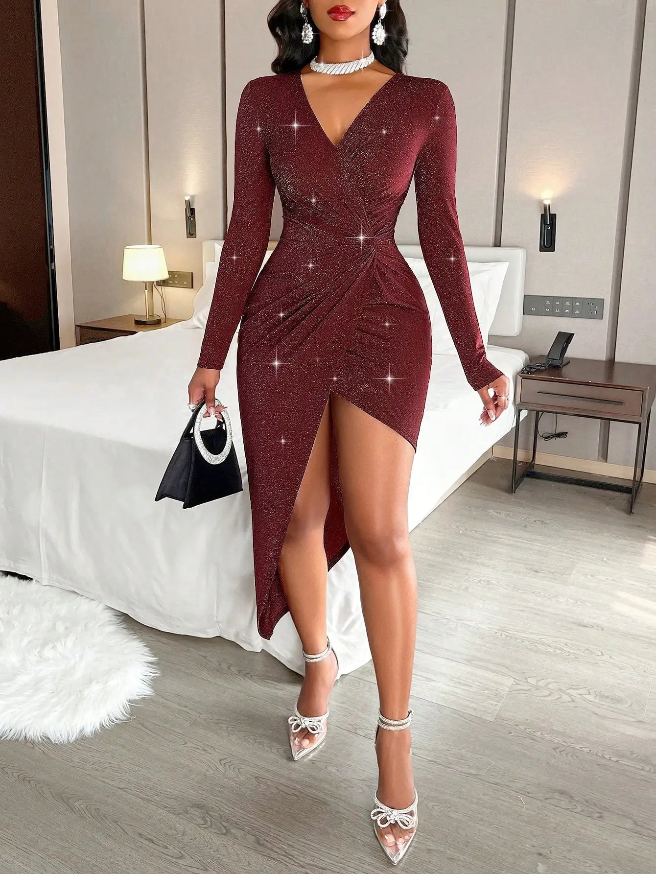 Women's Sexy Side Twist Deep V- Neck Long Sleeves High Slit Bodycon Midi Dress With Glitter Detail For Dating