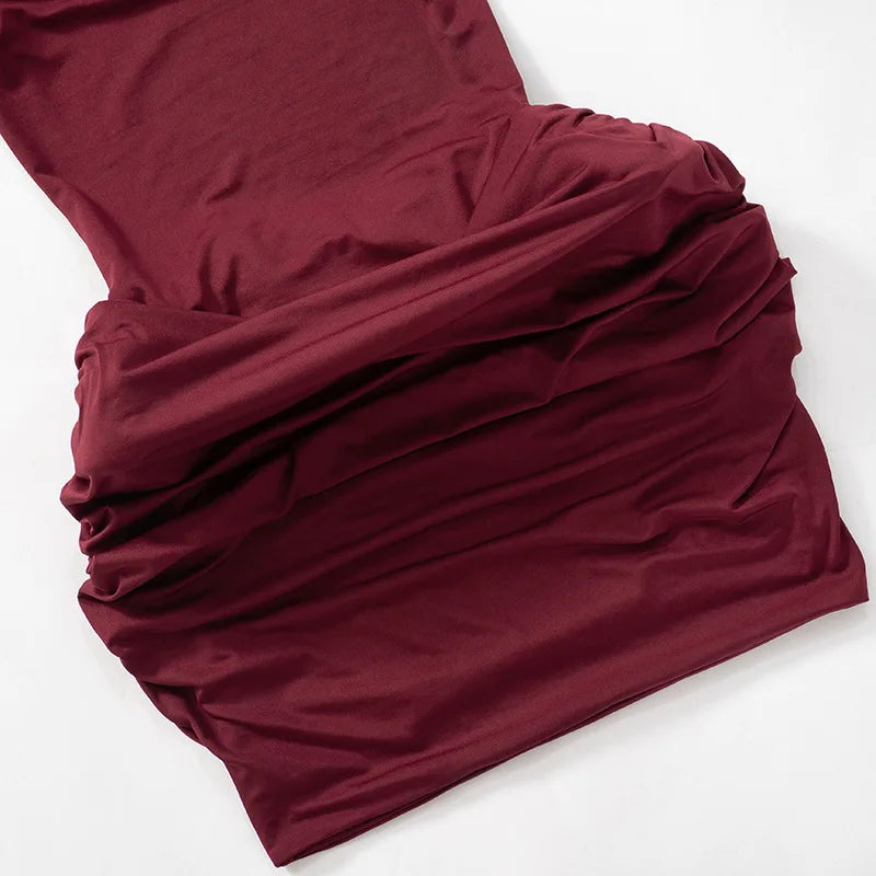 Trendix Pleated Bodycon Mini Dress Women's Sexy Off Shoulder High Waist Long Sleeve Dresses Femme Party Elegant Burgundy Dress
