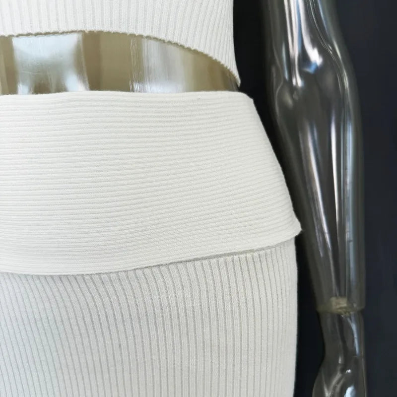 Trendix Knit Top 2 Piece Women Summer Off Shoulder O Neck Slim Crop Tops High Waist Rib Knitwear Tank And Sheath Skirt Sets 2025