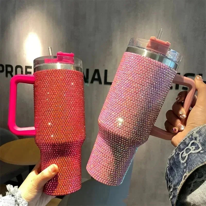 New 40oz Rhinestone Embellished Thermos Cup with Handle Tumbler Cup Coffee Insulated Bottle Car Vacuum Flasks Keep Cold And Ice