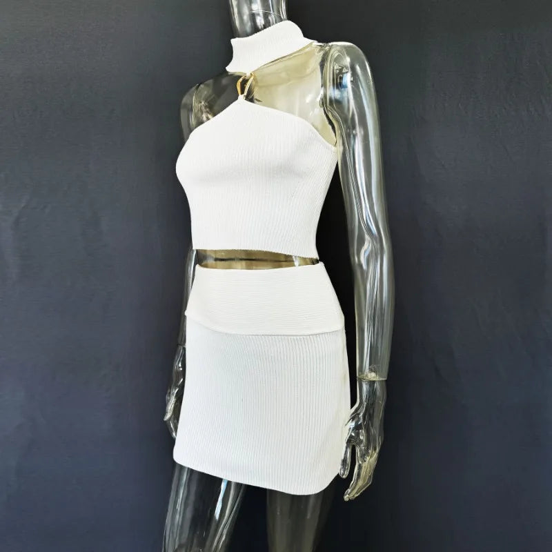 Trendix Knit Top 2 Piece Women Summer Off Shoulder O Neck Slim Crop Tops High Waist Rib Knitwear Tank And Sheath Skirt Sets 2025