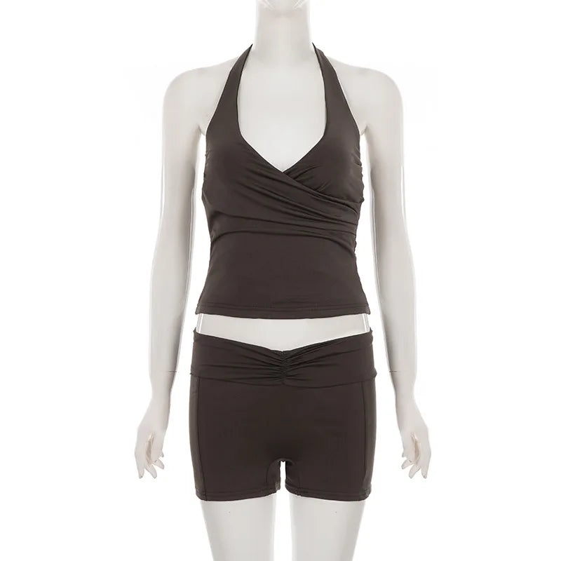 Trendix Bodycon Tank Tops 2 Piece Sets Women Summer Slim Solid Sports Yoga Shorts Ladies Street Sexy Deep V Neck Crop Top Suits