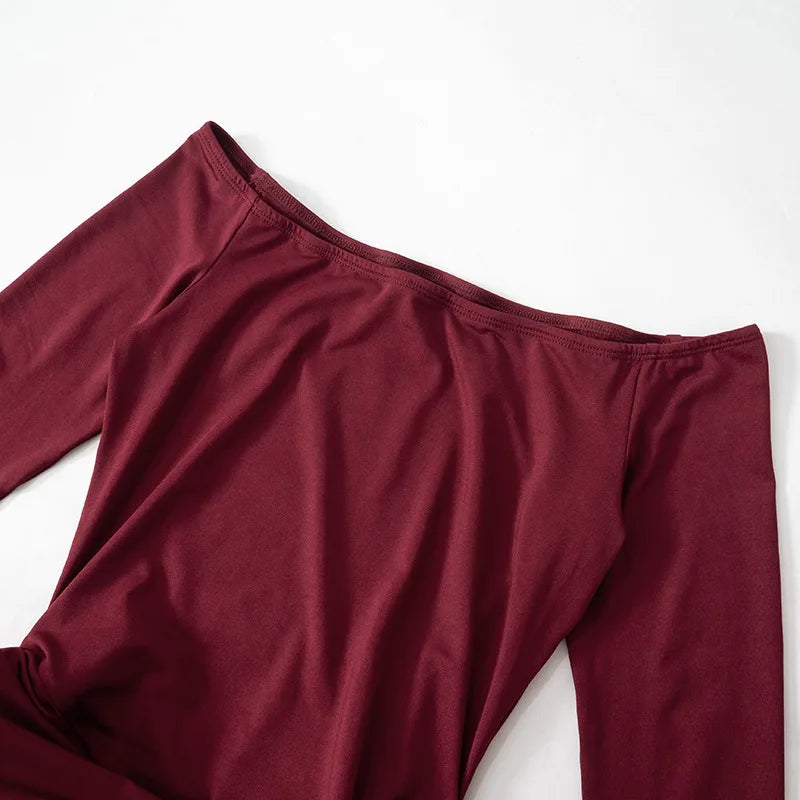 Trendix Pleated Bodycon Mini Dress Women's Sexy Off Shoulder High Waist Long Sleeve Dresses Femme Party Elegant Burgundy Dress