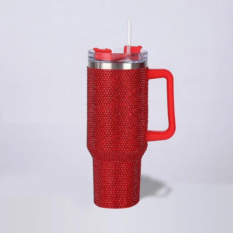New 40oz Rhinestone Embellished Thermos Cup with Handle Tumbler Cup Coffee Insulated Bottle Car Vacuum Flasks Keep Cold And Ice