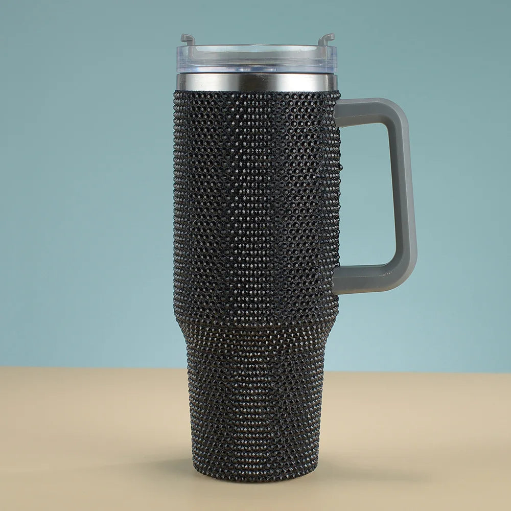 New 40oz Rhinestone Embellished Thermos Cup with Handle Tumbler Cup Coffee Insulated Bottle Car Vacuum Flasks Keep Cold And Ice