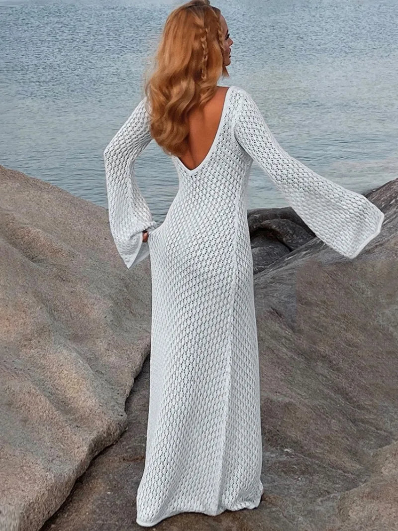 Trendix Knitted Crochet Cover Up Dress Women White Hollow Long Sleeve Maxi Dresses Vacation V Neck Backless Beach Dress Femme