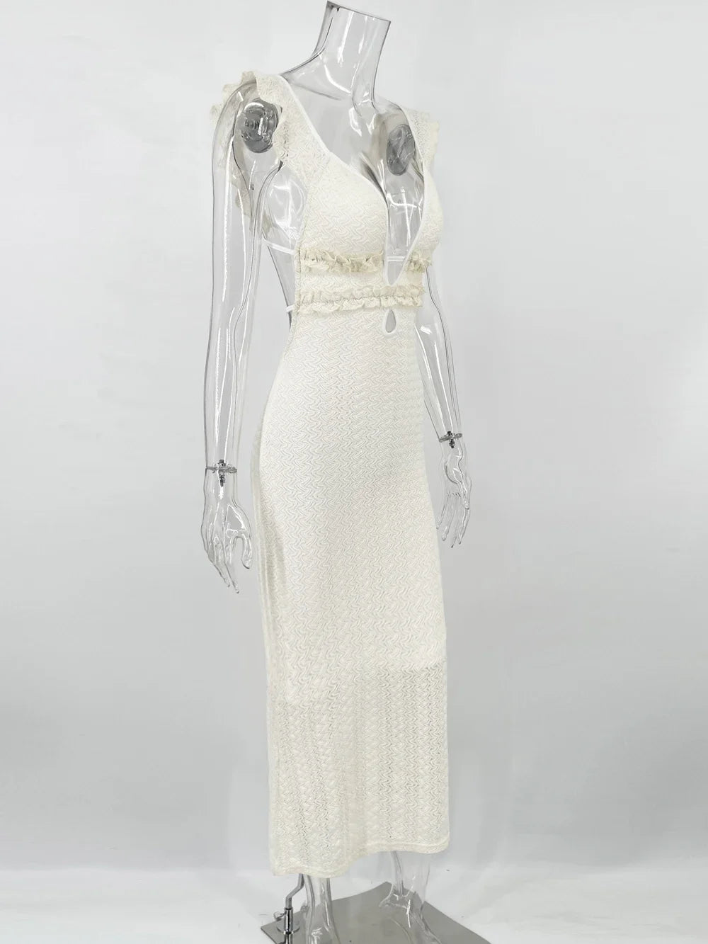 Trendix Deep V Neck Knit Dresses Women Sleeveless See Through High Waist Cover Up Dress Femme Vacation Sexy Knitted Beach Dress