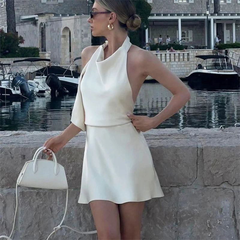 Trendix Sexy Backless Satin Dress For Women Solid Fashion Lace Up Halter Mini Dresses Vacation Casual Party A-Line Elegant Dress