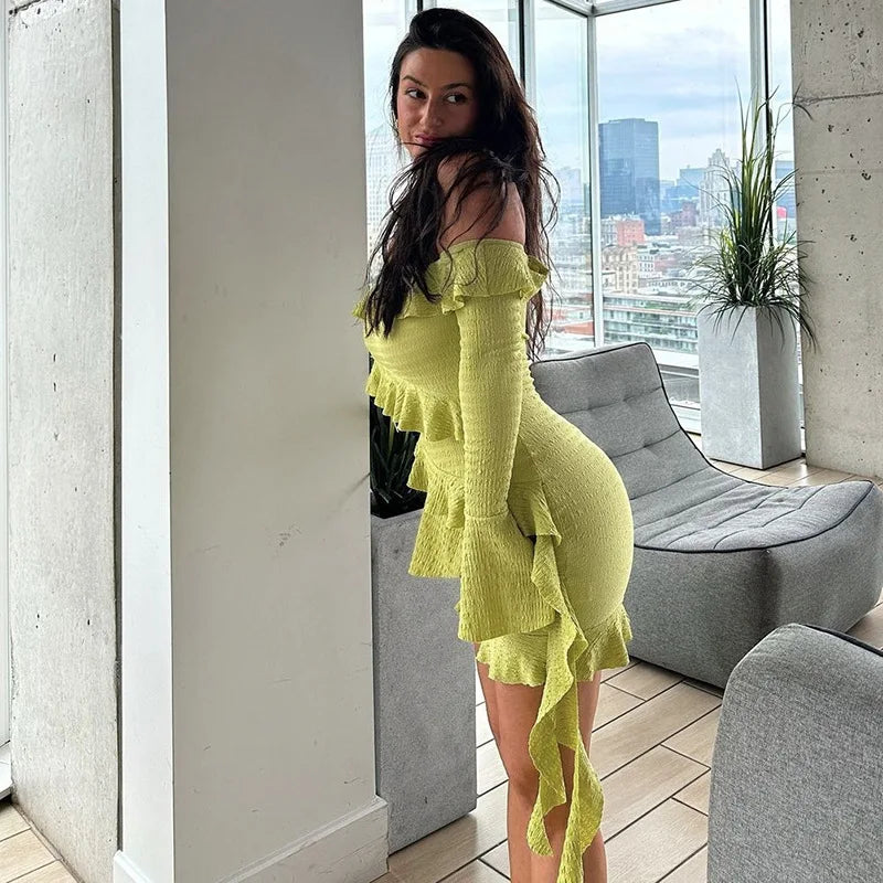 Trendix Ruffle Off Shoulder Dress Women Sexy Backless Long Sleeve High Waist Mini Dress Party Fashion Elegant Vacation Dresses