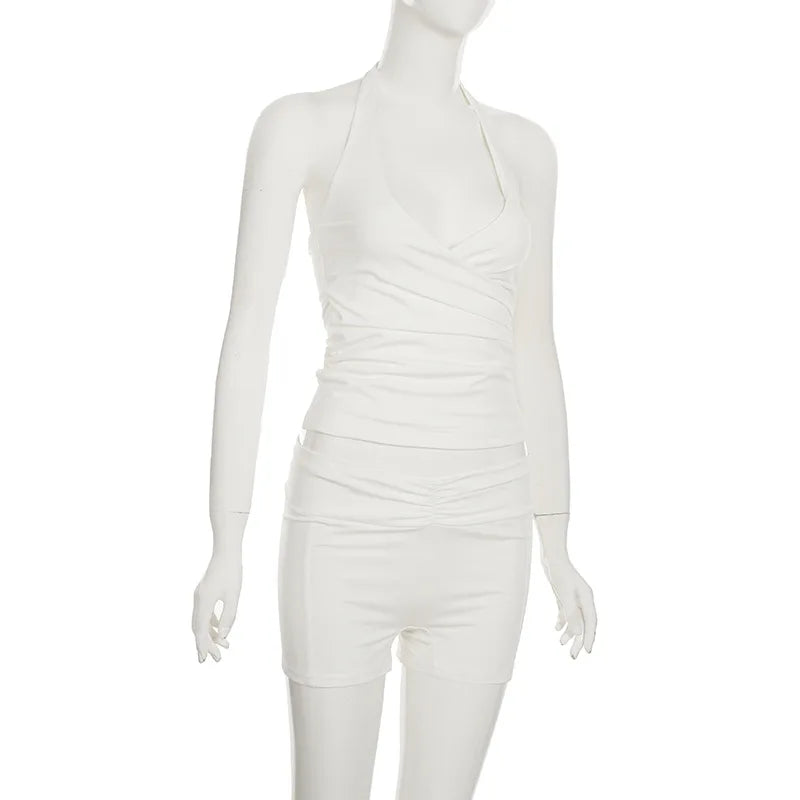 Trendix Bodycon Tank Tops 2 Piece Sets Women Summer Slim Solid Sports Yoga Shorts Ladies Street Sexy Deep V Neck Crop Top Suits