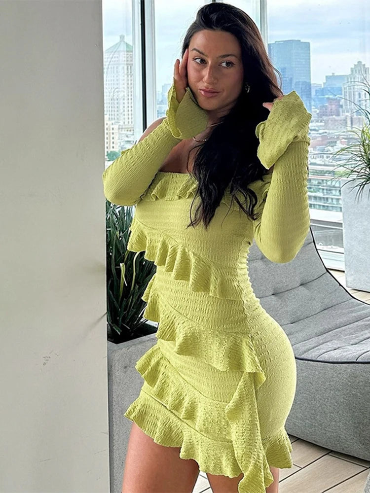 Trendix Ruffle Off Shoulder Dress Women Sexy Backless Long Sleeve High Waist Mini Dress Party Fashion Elegant Vacation Dresses