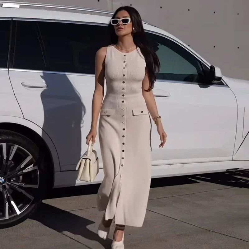 Trendix Elegant Knitted Dress For Women Patchwork Pocket Sleeveless High Waist Long Dresses Femme Street Slim Knit Evening Dress