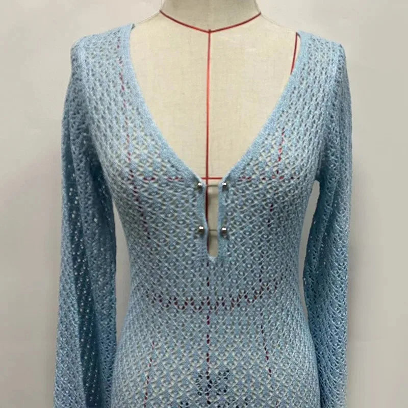 Trendix Knitted Crochet Cover Up Dress Women White Hollow Long Sleeve Maxi Dresses Vacation V Neck Backless Beach Dress Femme