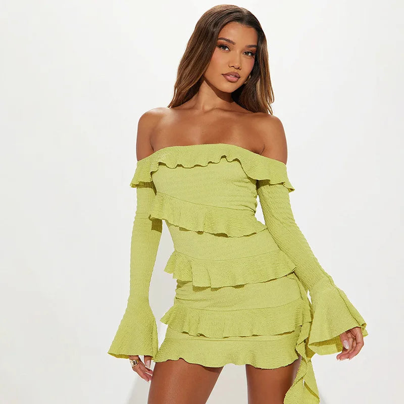 Trendix Ruffle Off Shoulder Dress Women Sexy Backless Long Sleeve High Waist Mini Dress Party Fashion Elegant Vacation Dresses
