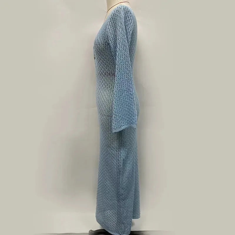 Trendix Knitted Crochet Cover Up Dress Women White Hollow Long Sleeve Maxi Dresses Vacation V Neck Backless Beach Dress Femme