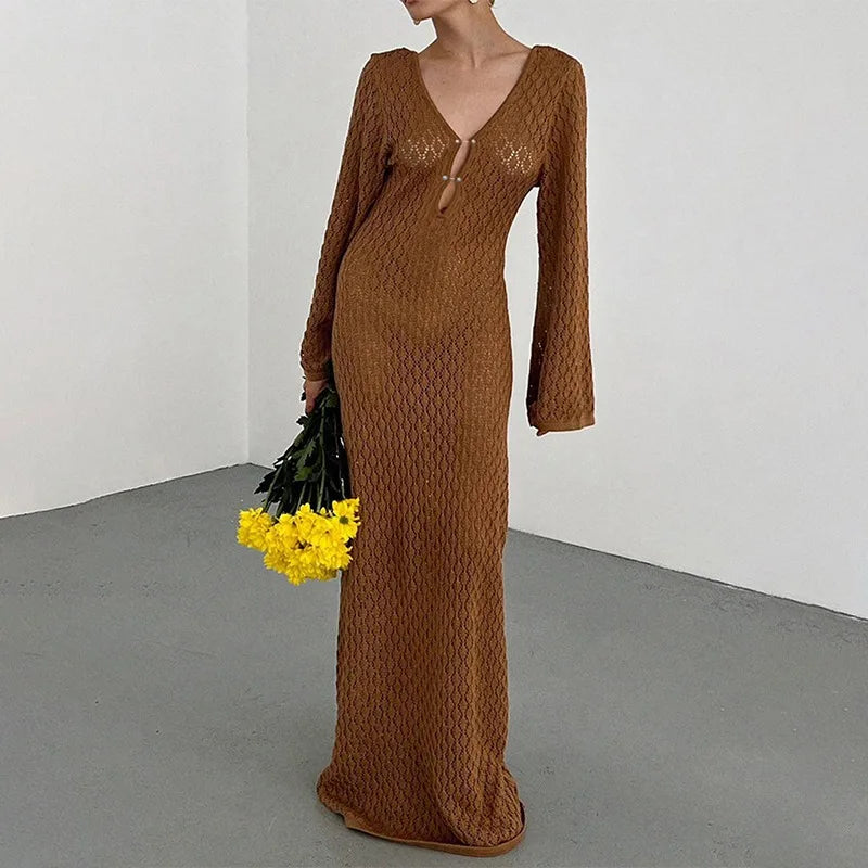 Trendix Knitted Crochet Cover Up Dress Women White Hollow Long Sleeve Maxi Dresses Vacation V Neck Backless Beach Dress Femme