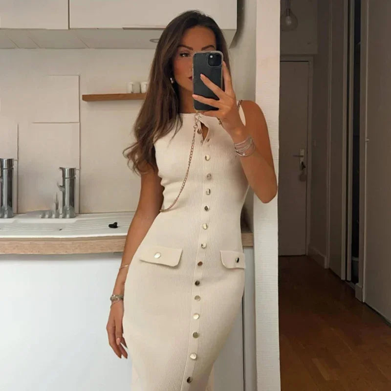 Trendix Elegant Knitted Dress For Women Patchwork Pocket Sleeveless High Waist Long Dresses Femme Street Slim Knit Evening Dress