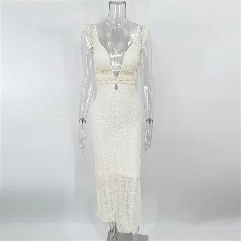 Trendix Deep V Neck Knit Dresses Women Sleeveless See Through High Waist Cover Up Dress Femme Vacation Sexy Knitted Beach Dress
