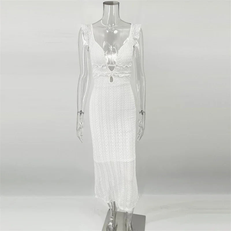 Trendix Deep V Neck Knit Dresses Women Sleeveless See Through High Waist Cover Up Dress Femme Vacation Sexy Knitted Beach Dress