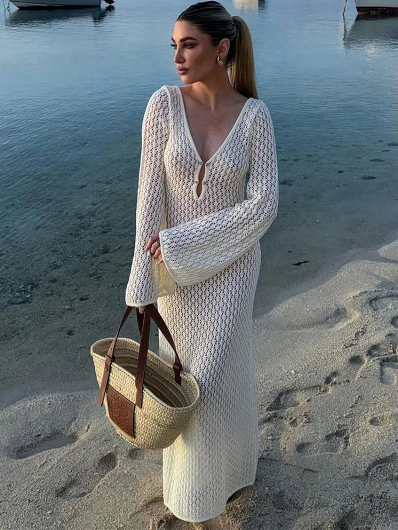 Trendix Knitted Crochet Cover Up Dress Women White Hollow Long Sleeve Maxi Dresses Vacation V Neck Backless Beach Dress Femme