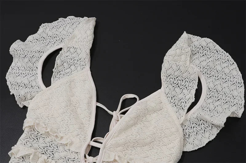 Trendix Deep V Neck Knit Dresses Women Sleeveless See Through High Waist Cover Up Dress Femme Vacation Sexy Knitted Beach Dress