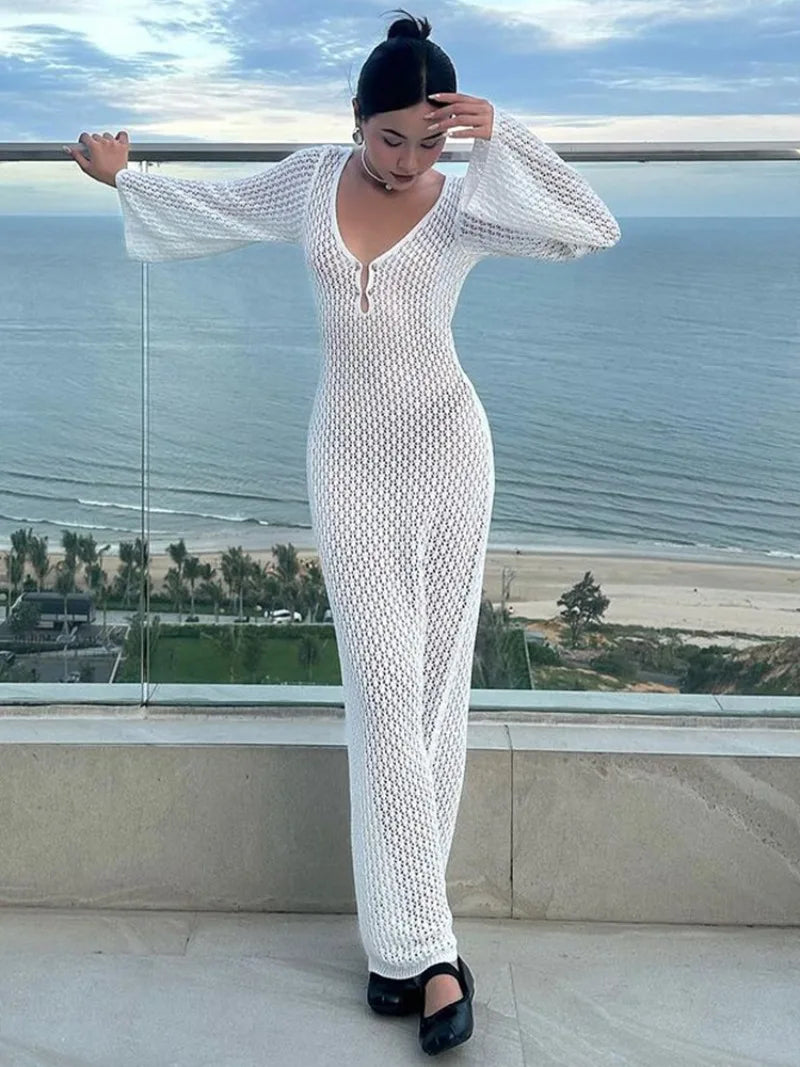 Trendix Knitted Crochet Cover Up Dress Women White Hollow Long Sleeve Maxi Dresses Vacation V Neck Backless Beach Dress Femme