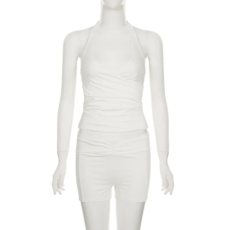 Trendix Bodycon Tank Tops 2 Piece Sets Women Summer Slim Solid Sports Yoga Shorts Ladies Street Sexy Deep V Neck Crop Top Suits