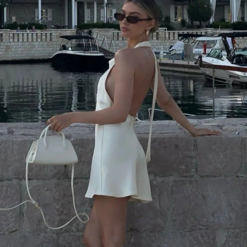 Trendix Sexy Backless Satin Dress For Women Solid Fashion Lace Up Halter Mini Dresses Vacation Casual Party A-Line Elegant Dress