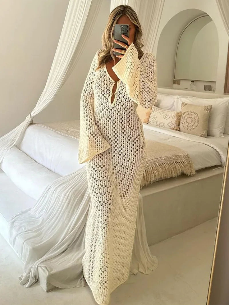 Trendix Knitted Crochet Cover Up Dress Women White Hollow Long Sleeve Maxi Dresses Vacation V Neck Backless Beach Dress Femme