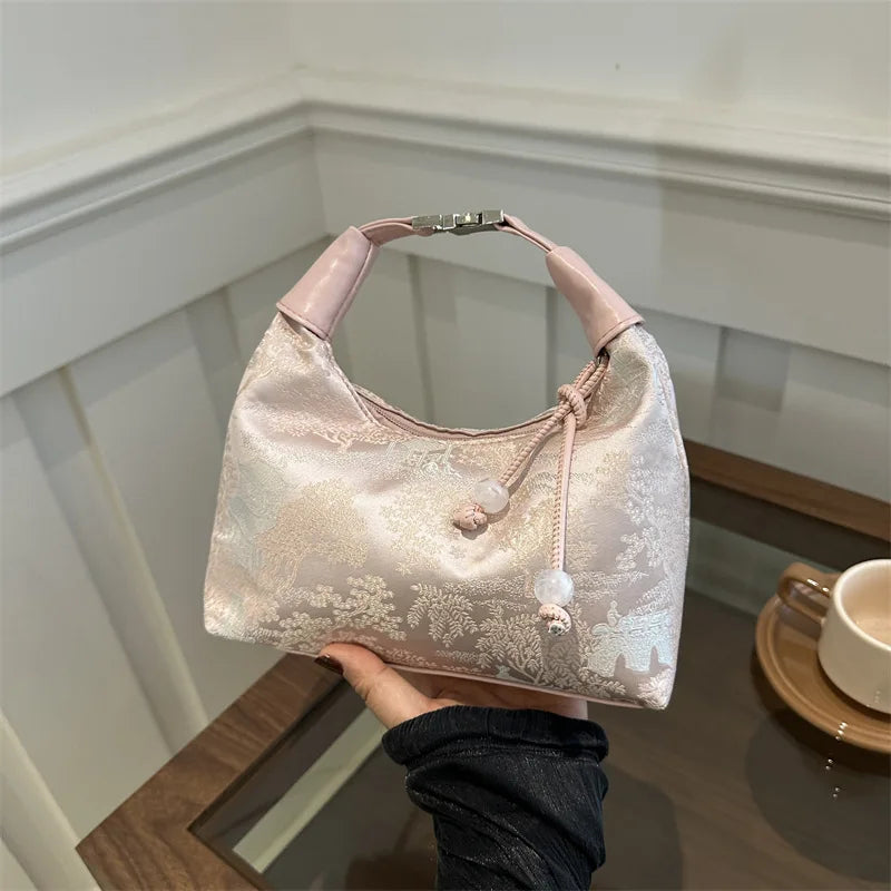 Retro Embroidery Women Handbag Adjustable Shoulder Straps Fashion Cheongsam Accessories Pearl Pendant Small Bucket Handbag