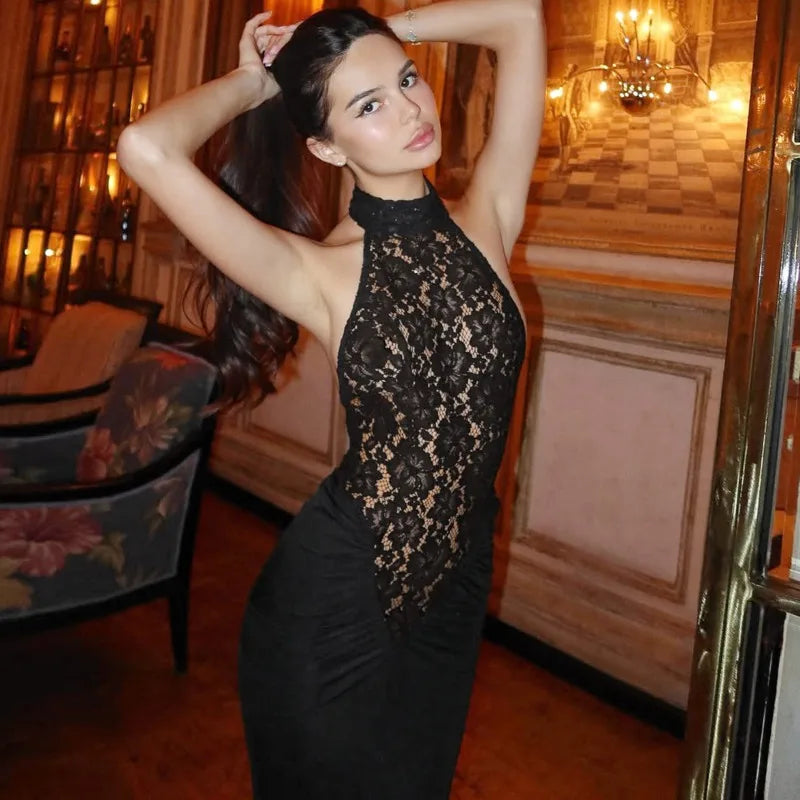 Trendix Lace Patchwork Elegant Evening Dress Women High Waist Slim Sleeveless Maxi Dresses Party Club Sexy Bodycon Long Dress