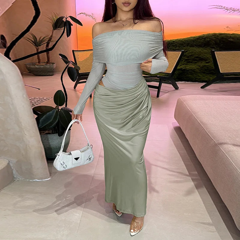 Trendix Off Shoulder Patchwork Dress Sexy Lace Backless Slim Long Sleeve Maxi Dresses Women's Beach Party Elegant Evening Dress