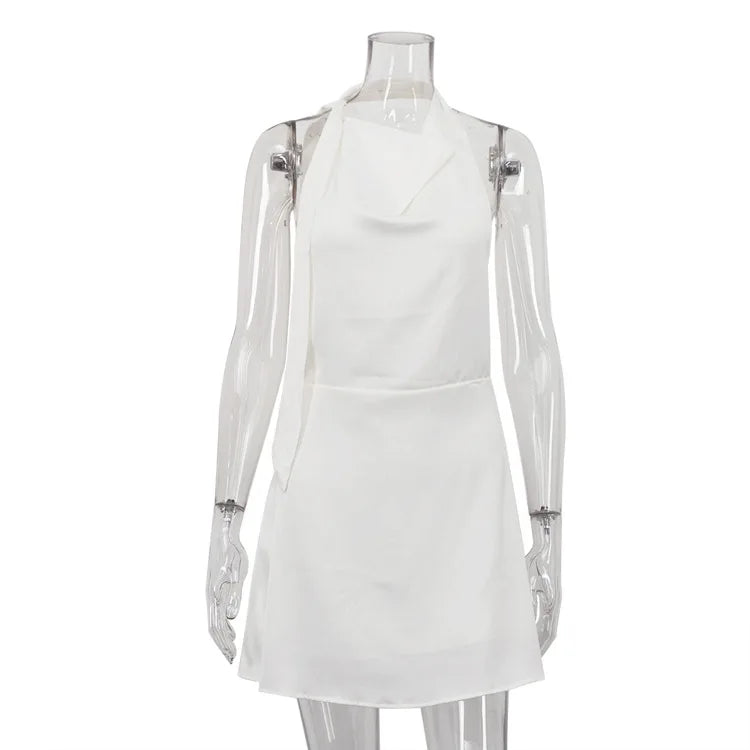 Trendix Sexy Backless Satin Dress For Women Solid Fashion Lace Up Halter Mini Dresses Vacation Casual Party A-Line Elegant Dress