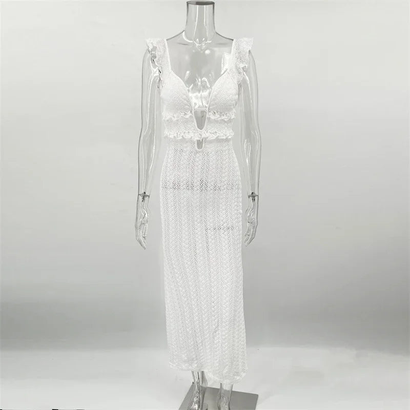 Trendix Deep V Neck Knit Dresses Women Sleeveless See Through High Waist Cover Up Dress Femme Vacation Sexy Knitted Beach Dress