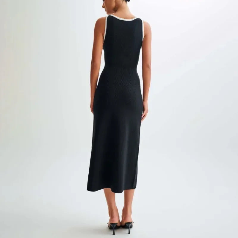 Trendix Elegant Knitted Dress For Women Patchwork Pocket Sleeveless High Waist Long Dresses Femme Street Slim Knit Evening Dress