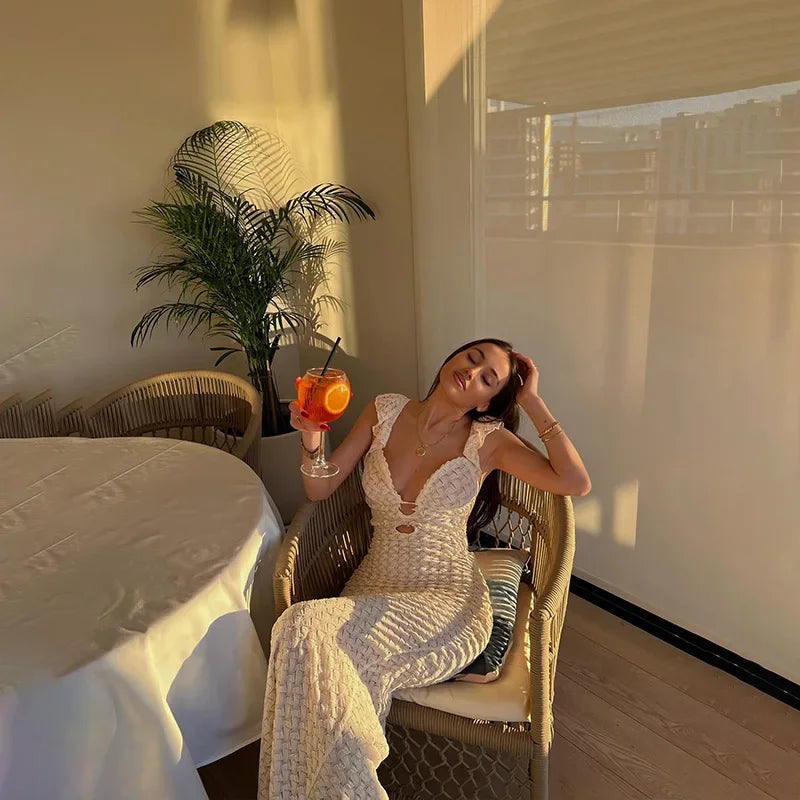 Trendix Deep V Neck Knit Dresses Women Sleeveless See Through High Waist Cover Up Dress Femme Vacation Sexy Knitted Beach Dress