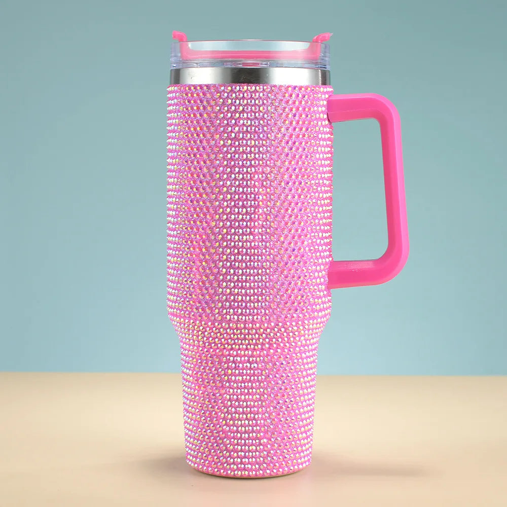 New 40oz Rhinestone Embellished Thermos Cup with Handle Tumbler Cup Coffee Insulated Bottle Car Vacuum Flasks Keep Cold And Ice