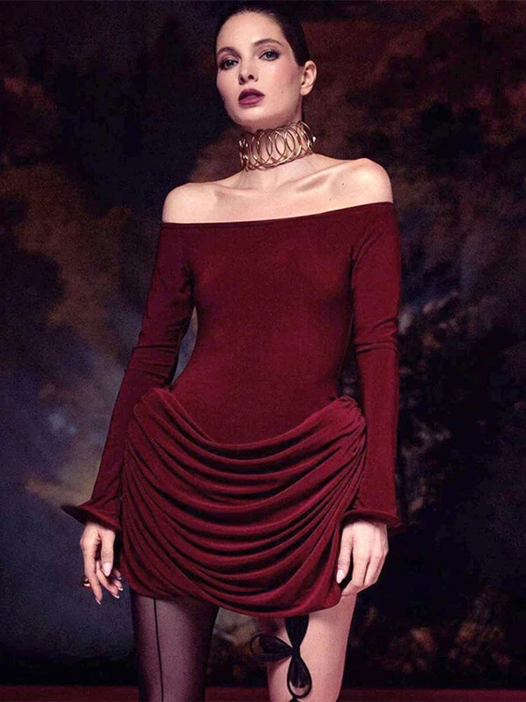 Trendix Pleated Bodycon Mini Dress Women's Sexy Off Shoulder High Waist Long Sleeve Dresses Femme Party Elegant Burgundy Dress