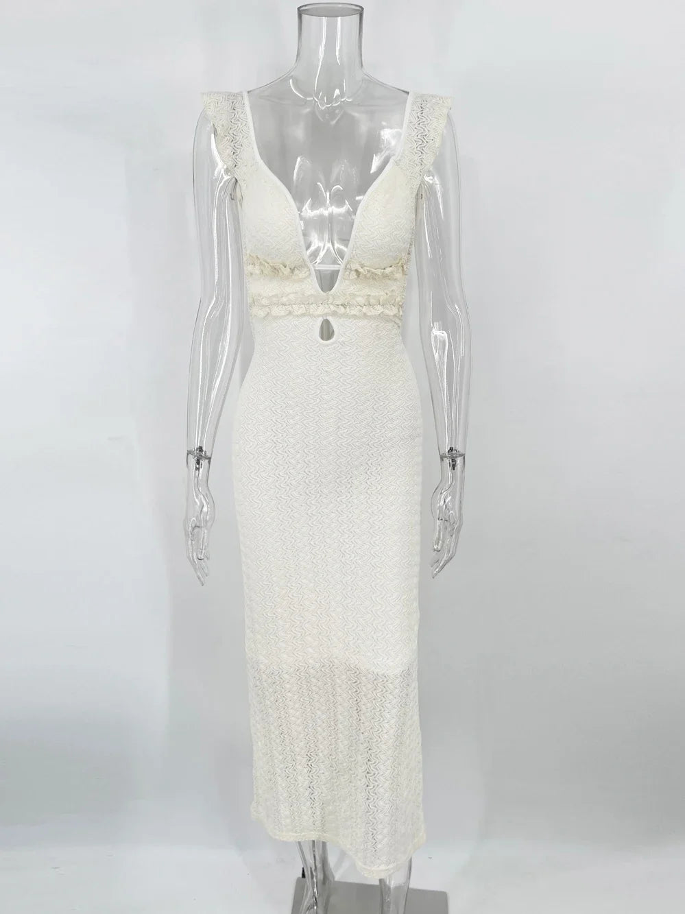 Trendix Deep V Neck Knit Dresses Women Sleeveless See Through High Waist Cover Up Dress Femme Vacation Sexy Knitted Beach Dress