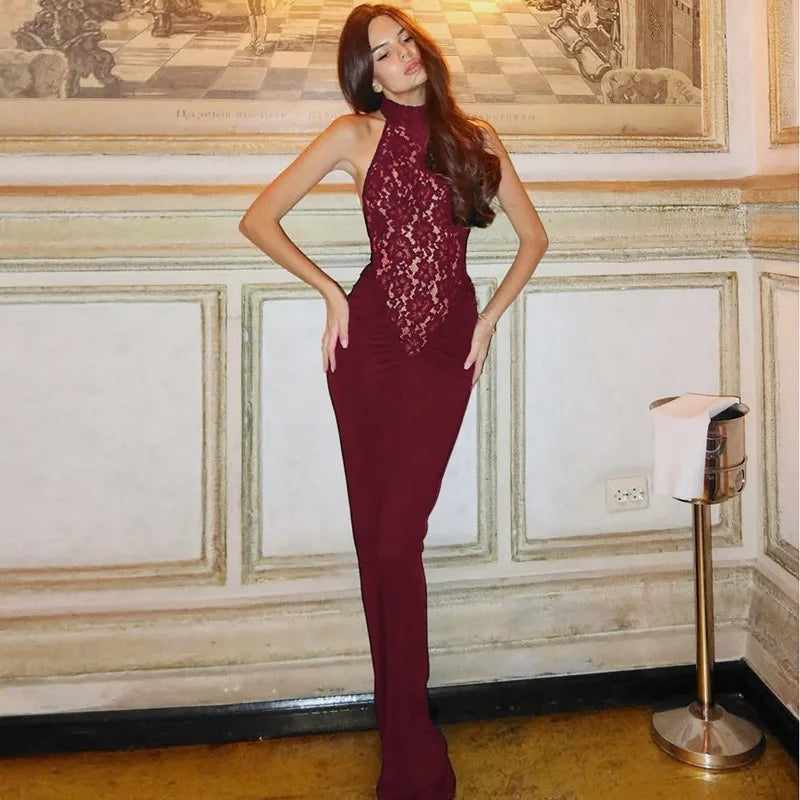 Trendix Lace Patchwork Elegant Evening Dress Women High Waist Slim Sleeveless Maxi Dresses Party Club Sexy Bodycon Long Dress