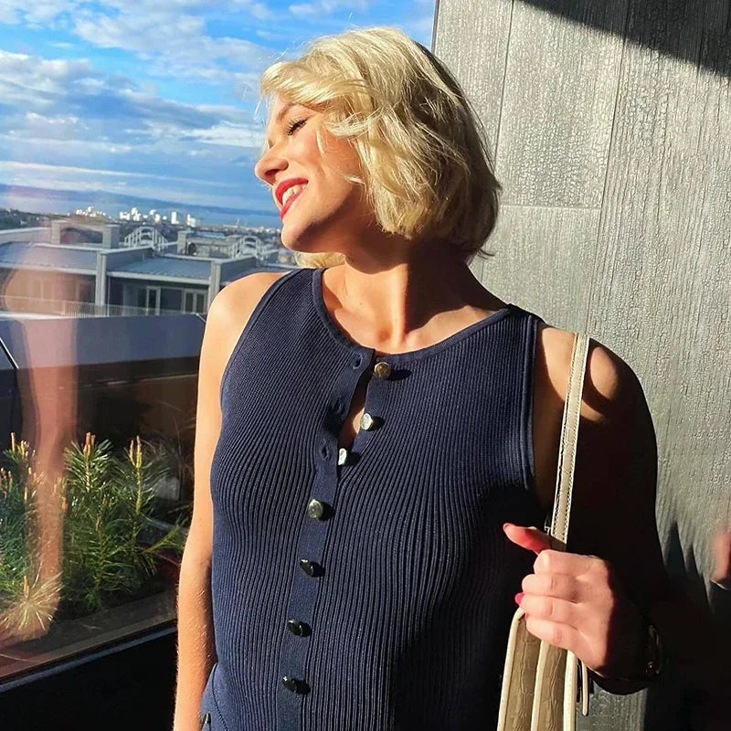 Trendix Elegant Knitted Dress For Women Patchwork Pocket Sleeveless High Waist Long Dresses Femme Street Slim Knit Evening Dress