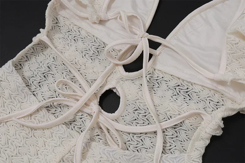 Trendix Deep V Neck Knit Dresses Women Sleeveless See Through High Waist Cover Up Dress Femme Vacation Sexy Knitted Beach Dress