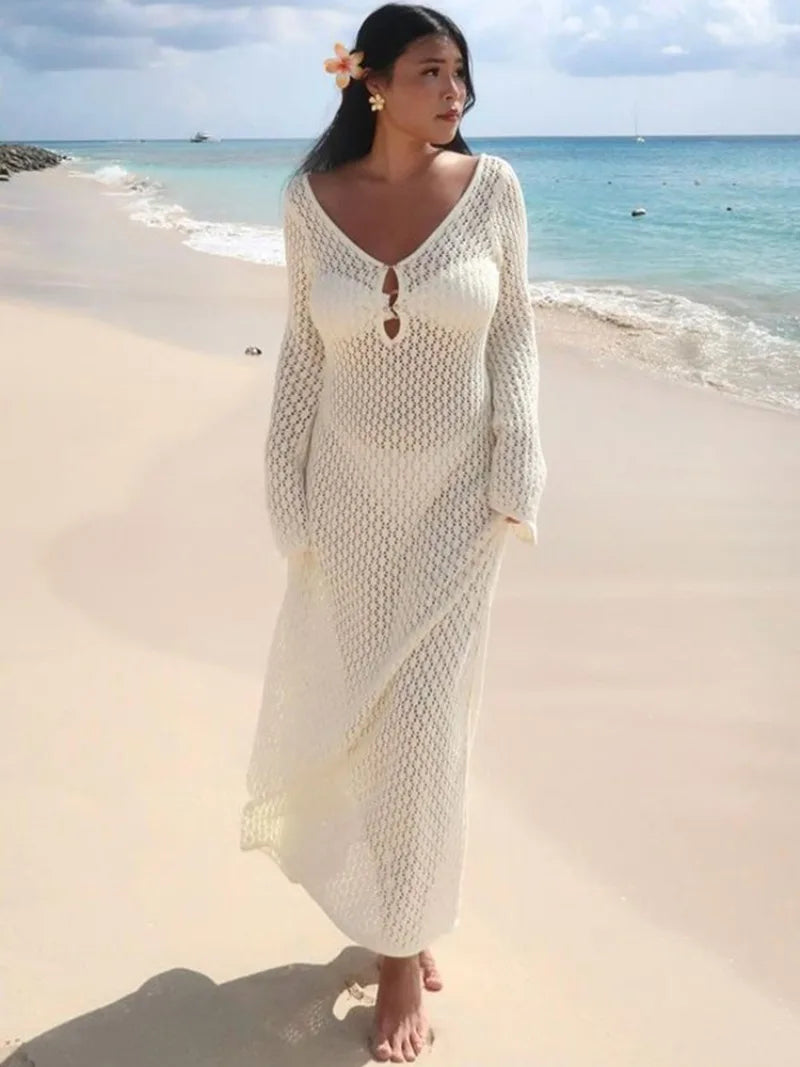Trendix Knitted Crochet Cover Up Dress Women White Hollow Long Sleeve Maxi Dresses Vacation V Neck Backless Beach Dress Femme