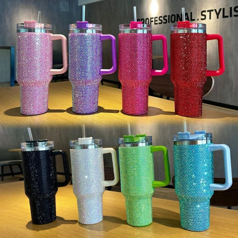 New 40oz Rhinestone Embellished Thermos Cup with Handle Tumbler Cup Coffee Insulated Bottle Car Vacuum Flasks Keep Cold And Ice