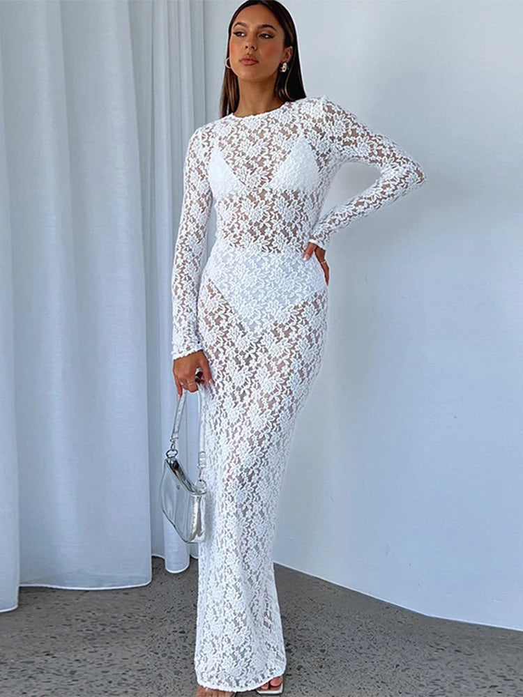 Trendix Sexy Lace See Through Dress Women's Solid Long Sleeve O Neck Elegant Evening Dresses Fashion Hollow Beach Party Dress