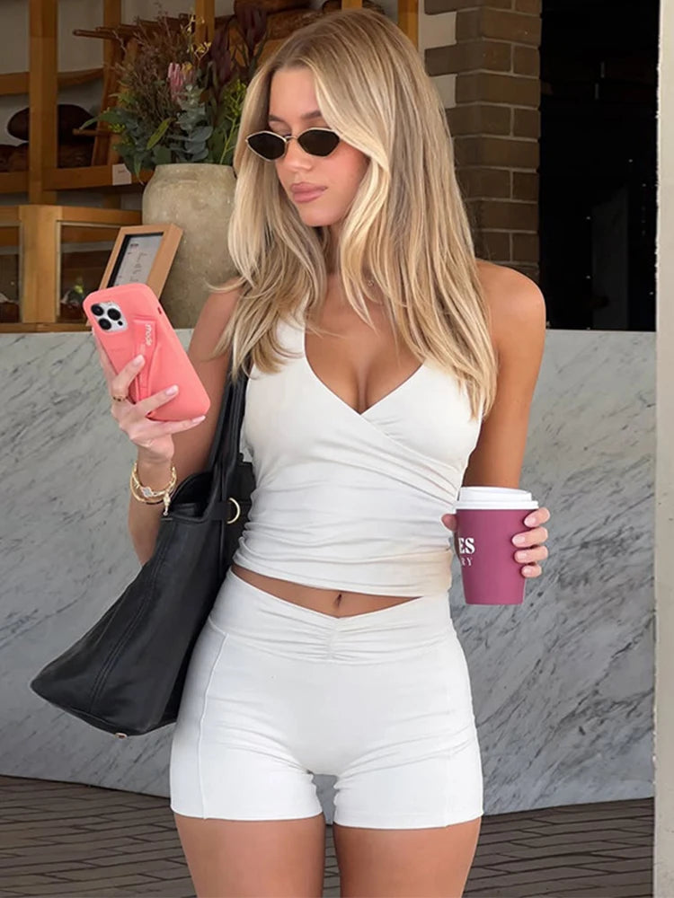 Trendix Bodycon Tank Tops 2 Piece Sets Women Summer Slim Solid Sports Yoga Shorts Ladies Street Sexy Deep V Neck Crop Top Suits